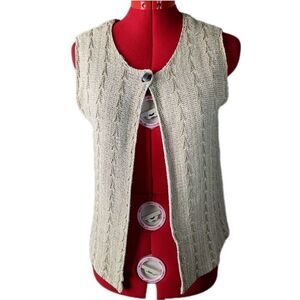 Lagenlook beige cream tan knit one button silk vest Ballinger Gold women's small